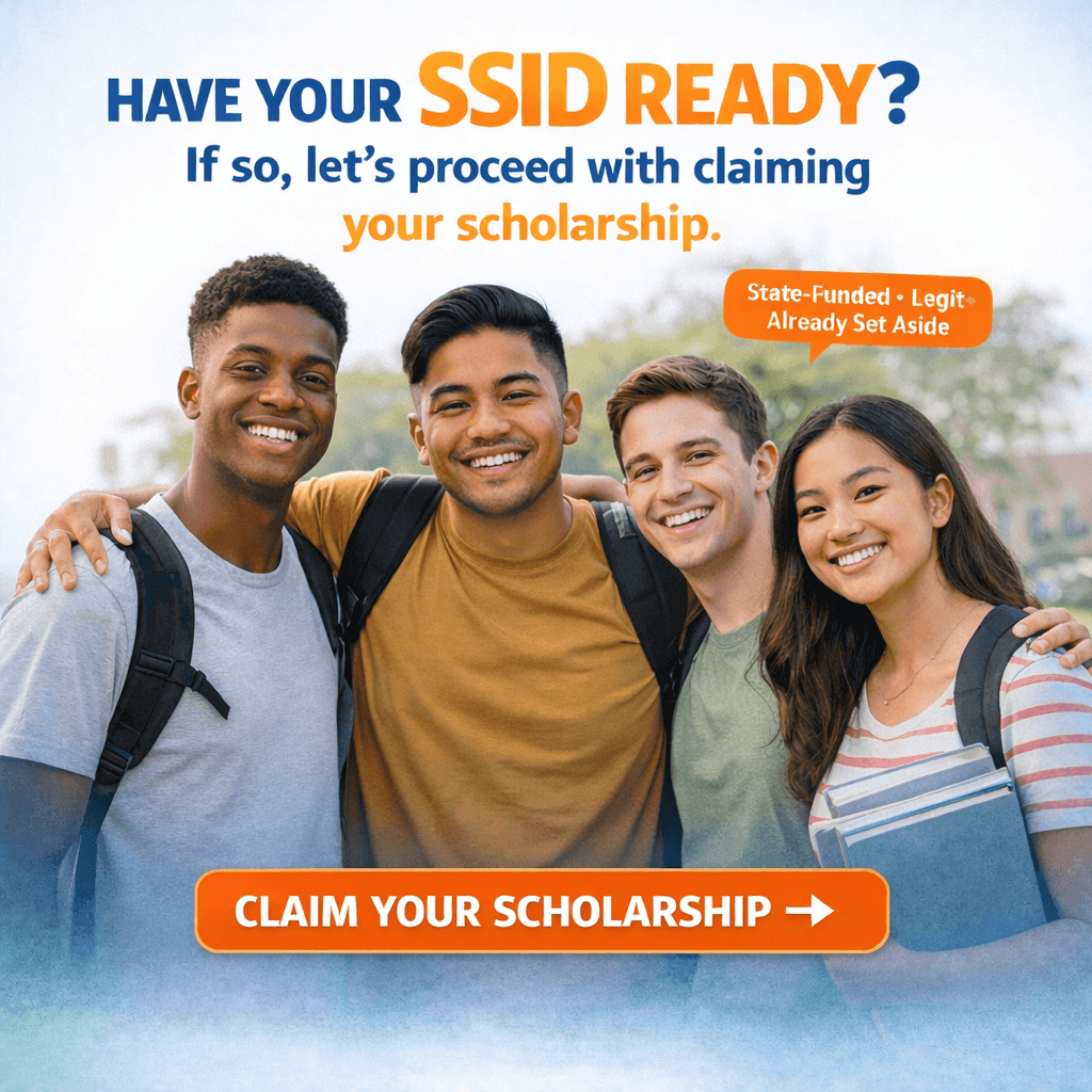 Smiling students beside scholarship claim banner