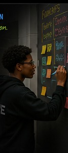 Young person planning on a wall