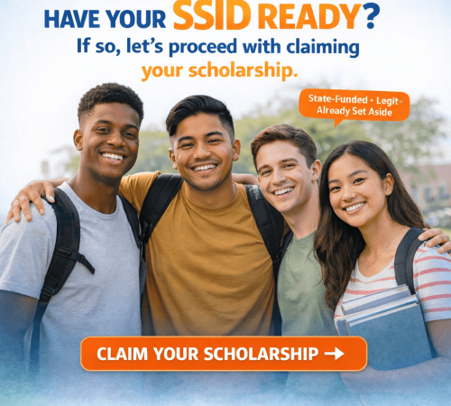 Smiling students beside scholarship claim banner